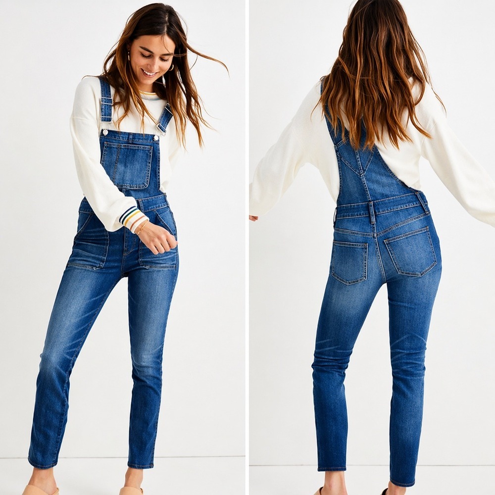 Madewell Denim Skinny Jean Side Zip Stretch Overalls Jansing Wash SZ XS Boho Y2K